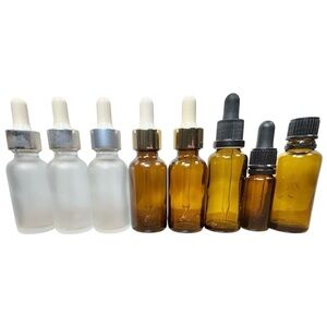 Set of 8 Empty Amber and Frosted Glass Dropper Bottles, [Various Sizes]